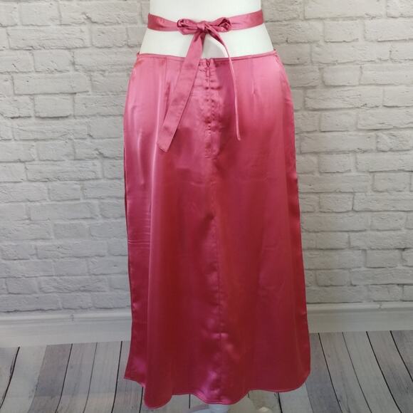 R WeWoreWhat Womens Hot Pink Satin Charmeuse Cut Out Waist Tie Midi Skirt NWT S - Picture 3 of 12